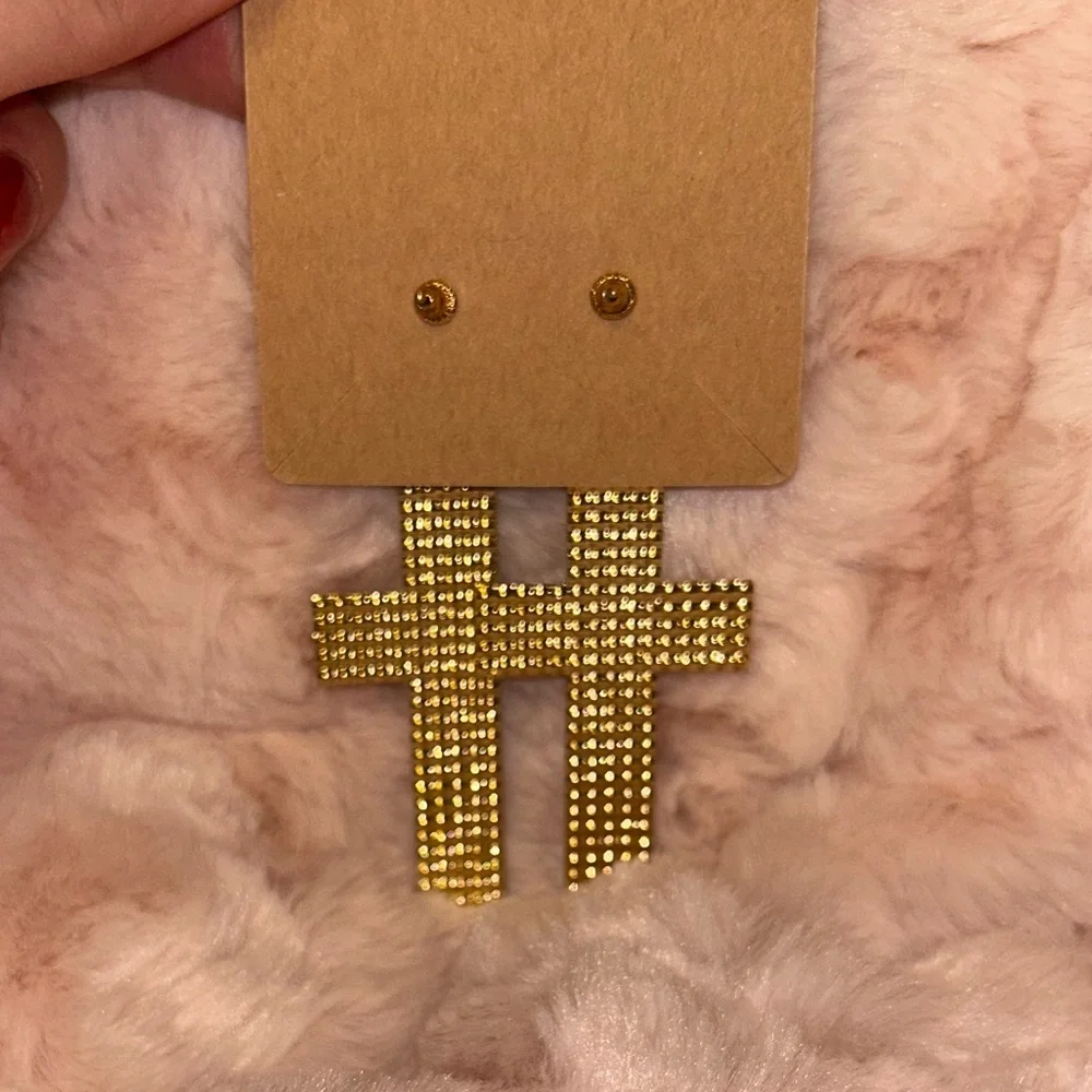 Pearl Cross Beaded Gold Dangle Earrings NWT
